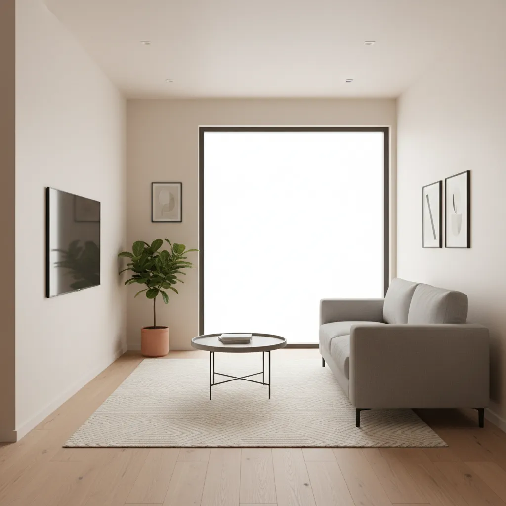 Compact apartment living room with wall mounted TV and small sofa facing it