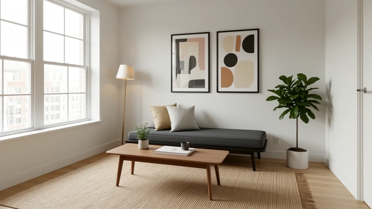 Small apartment living room layout using mattress seating and coffee table