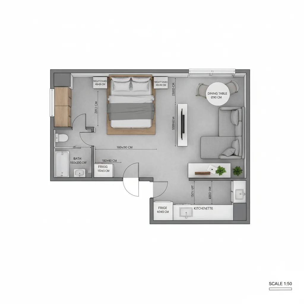 small apartment floor plan designed using metric measurements