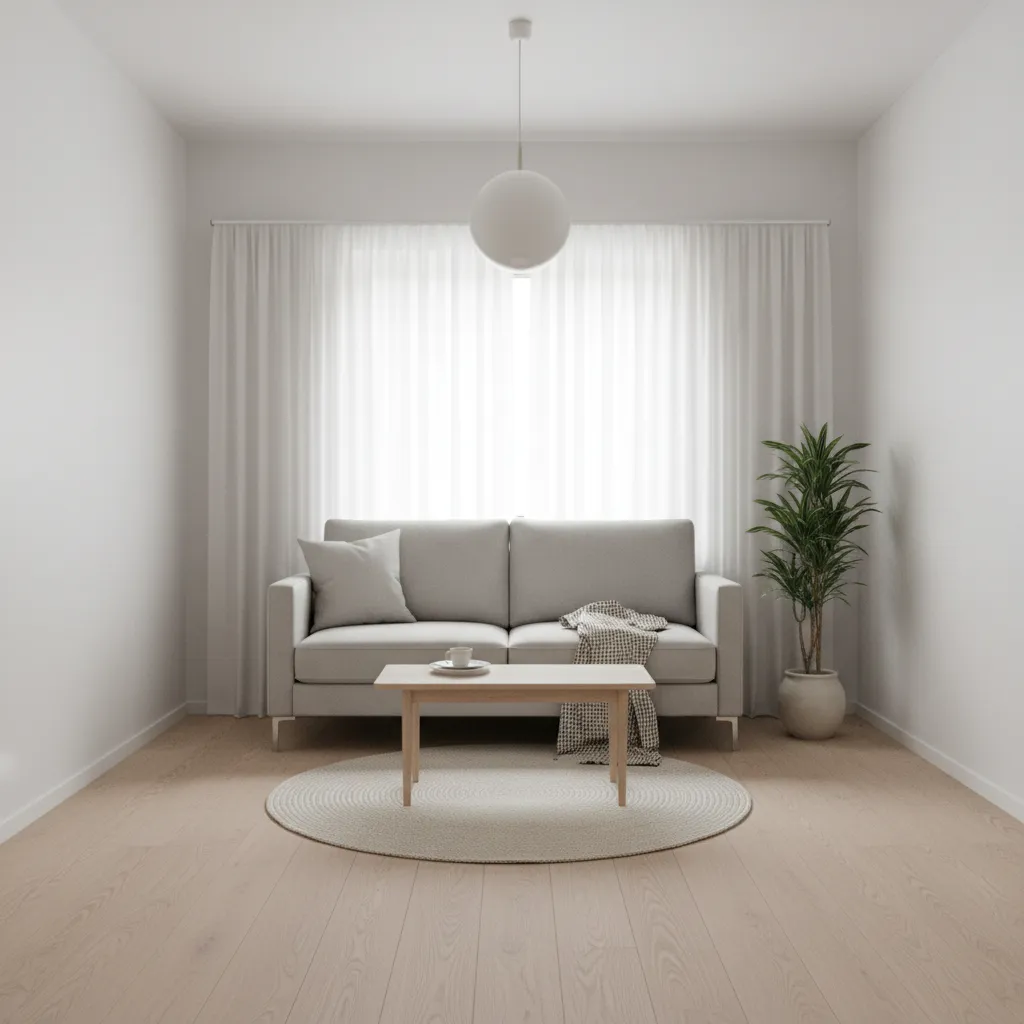 Small apartment living room with minimalist furniture layout and light decor