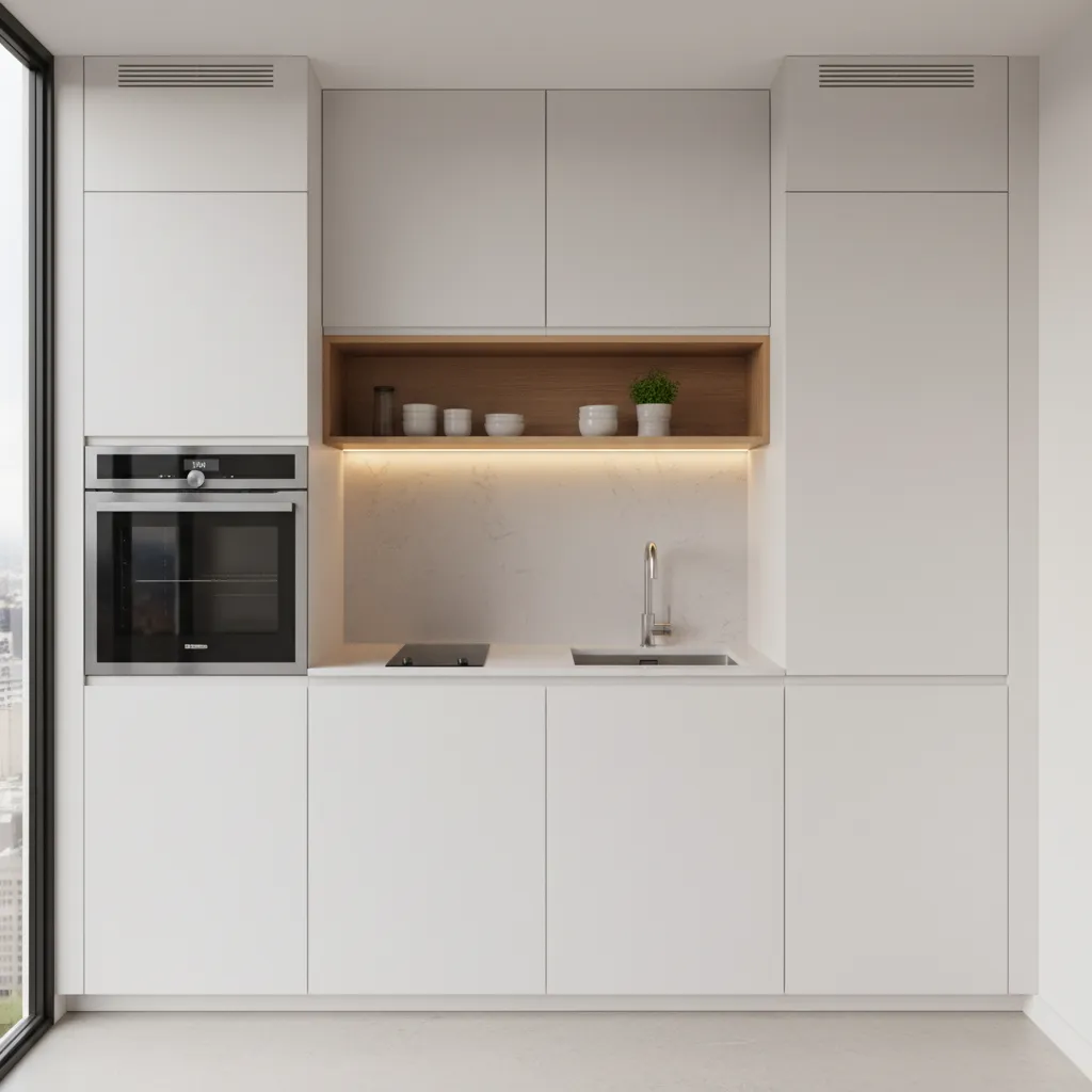 Minimalist white kitchen cabinet design featuring oven small sink wooden shelf and soft warm lighting