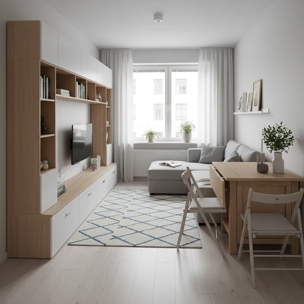 Small apartment with a wooden dining table grey sofa white cabinet rug and large windows