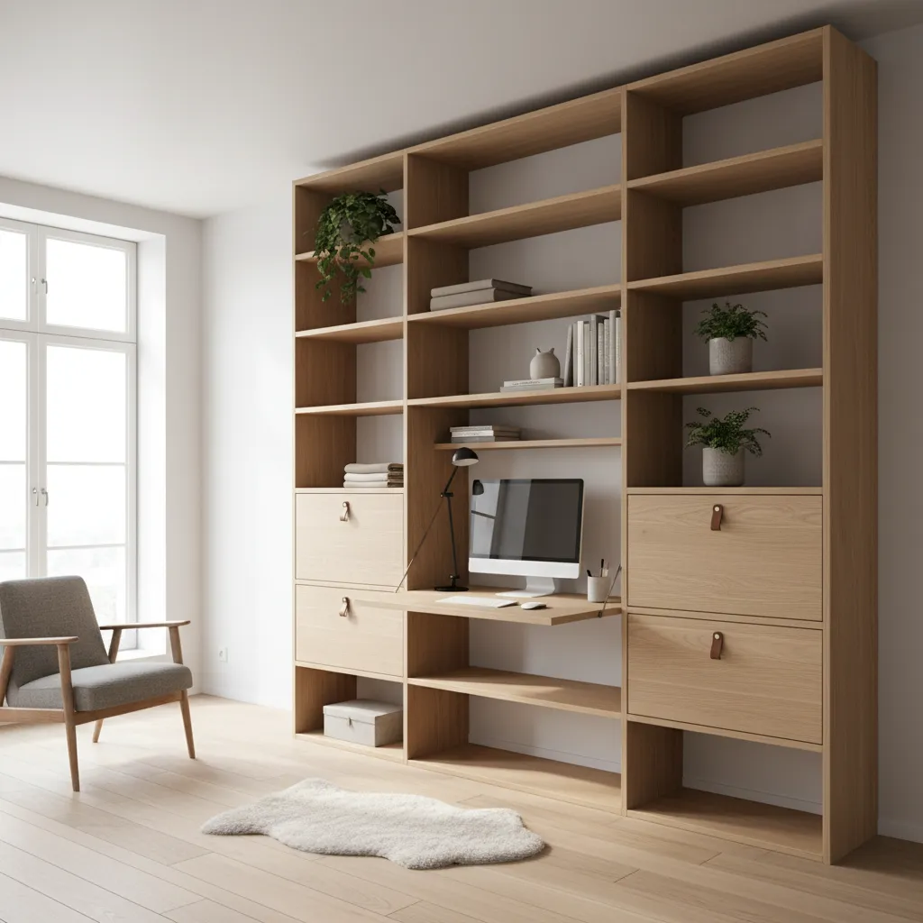 Large wooden shelving unit with integrated desk, computer, grey chair, rug, and natural light window