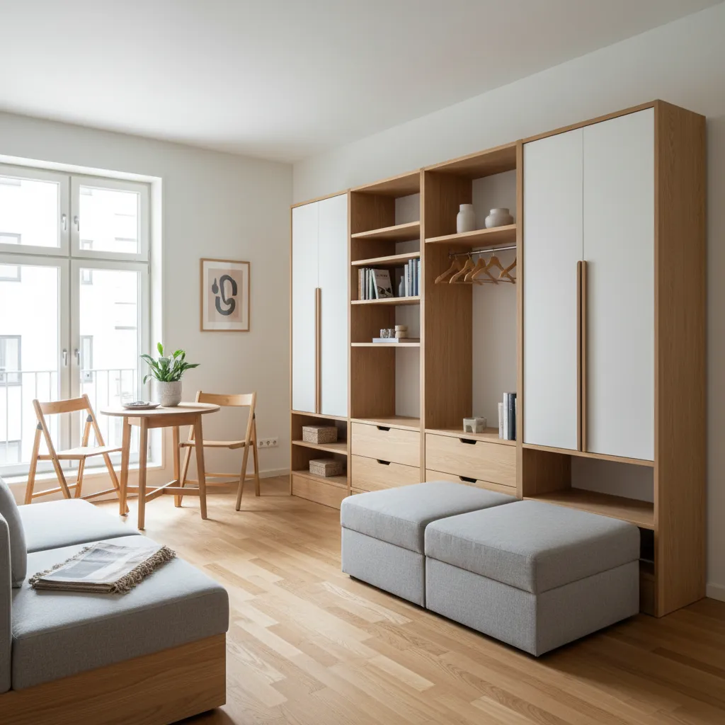 Light wood storage cabinet with white doors beside small round table and grey footrest seat