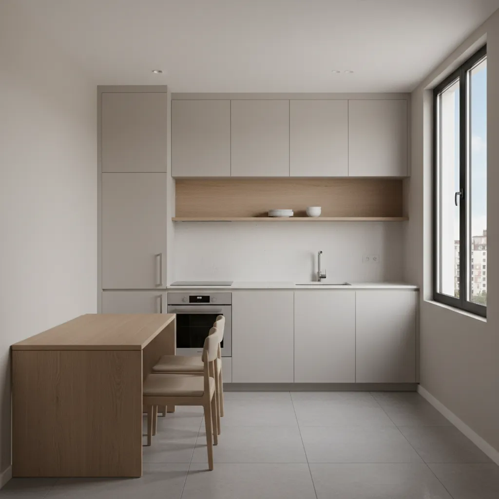 Small apartment kitchen with a narrow rectangular dining table beside a wall