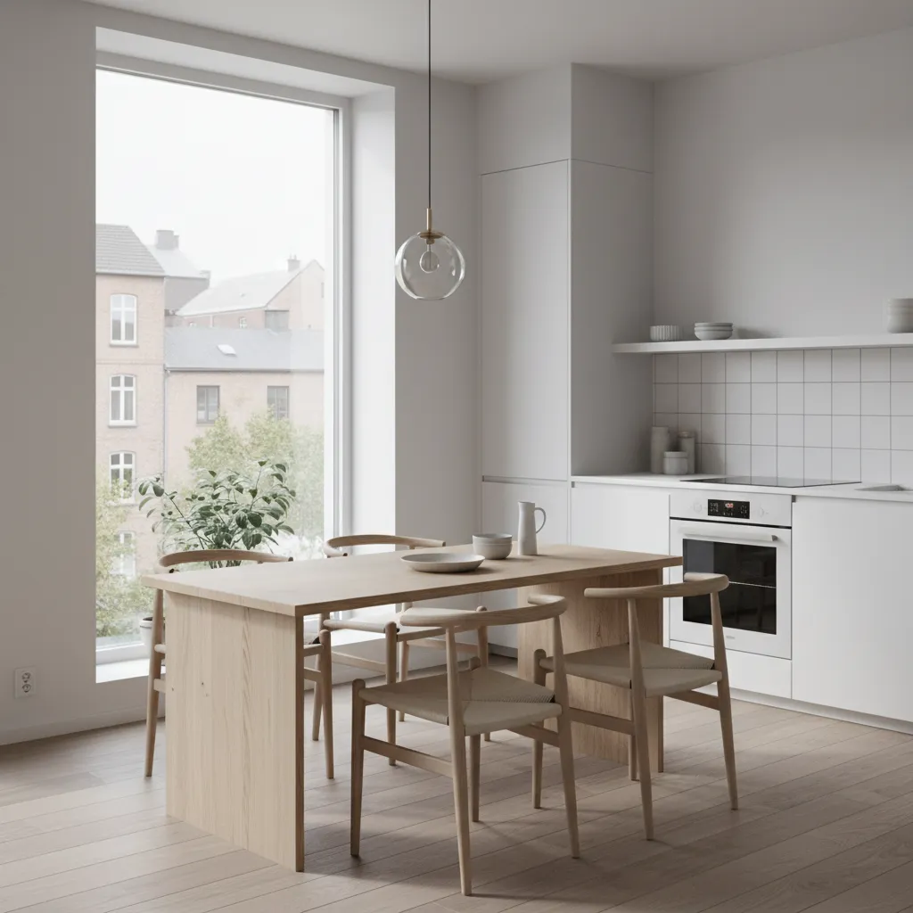 Compact apartment dining area with a slim narrow dining table near the kitchen
