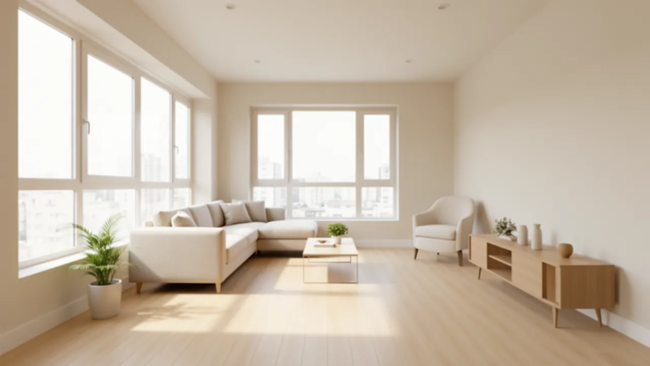 Bright small apartment interior with large windows and daylight