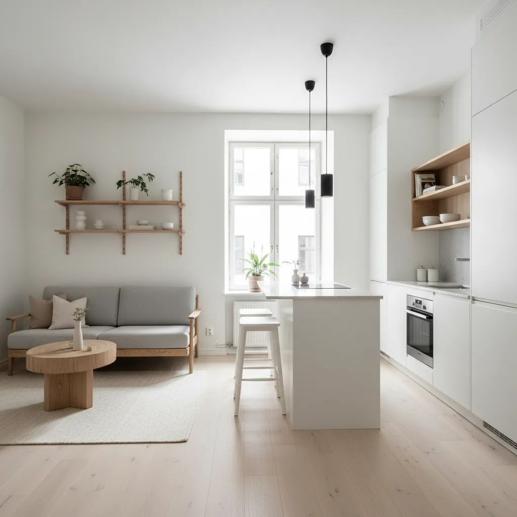 Distribución abierta de salón y cocina en apartamento pequeño