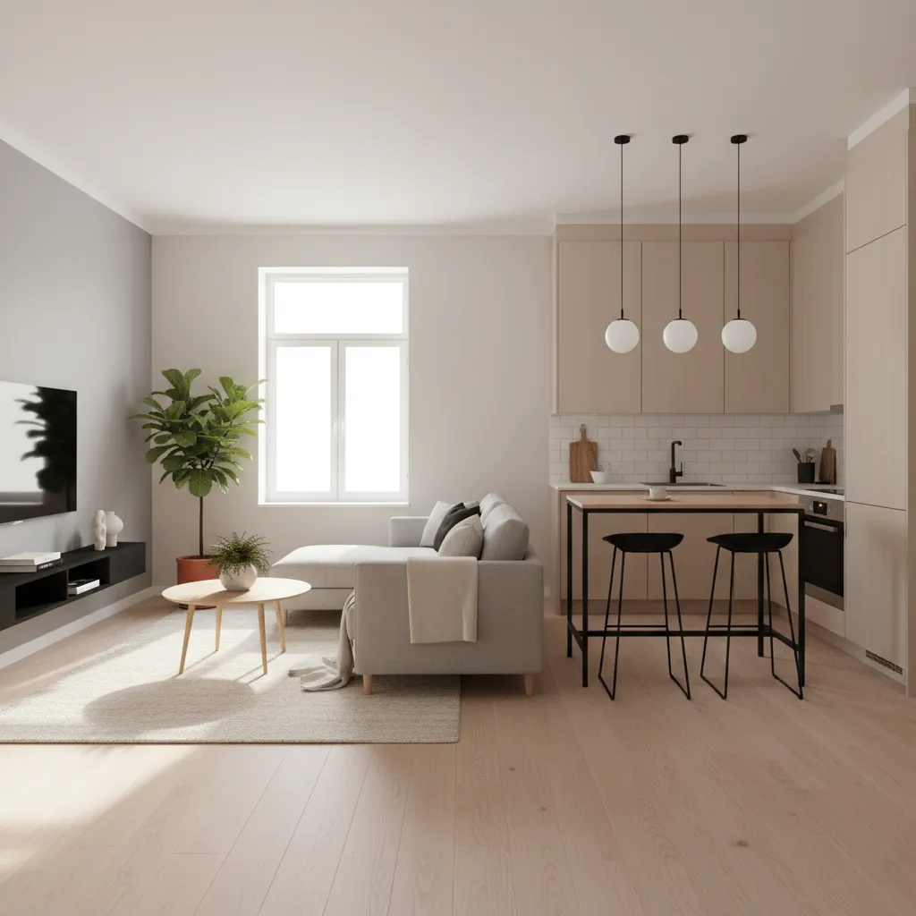 Modern open plan living room with grey sofa wooden floor kitchen island and three lights