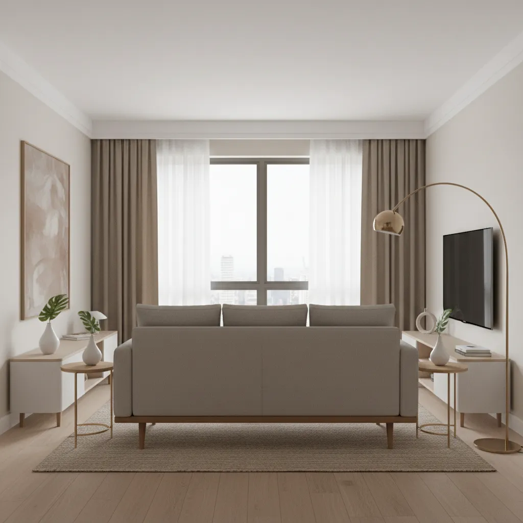 Compact apartment living room with open layout and balanced furniture placement