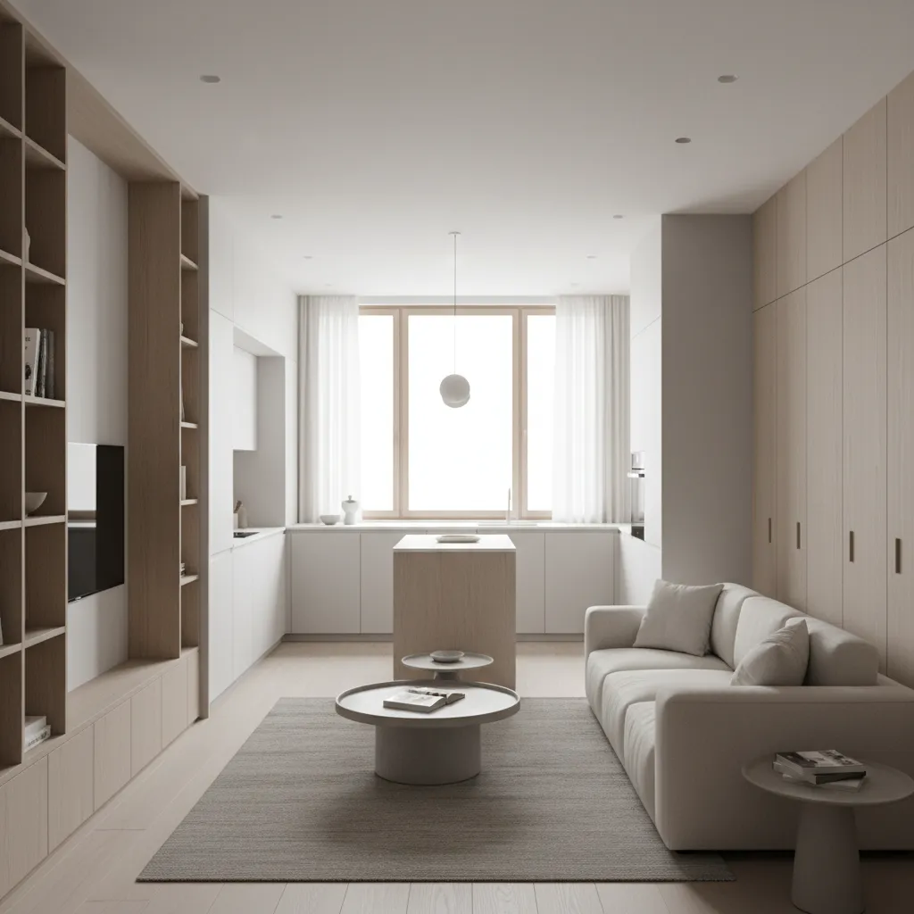 compact apartment interior with open kitchen and living space