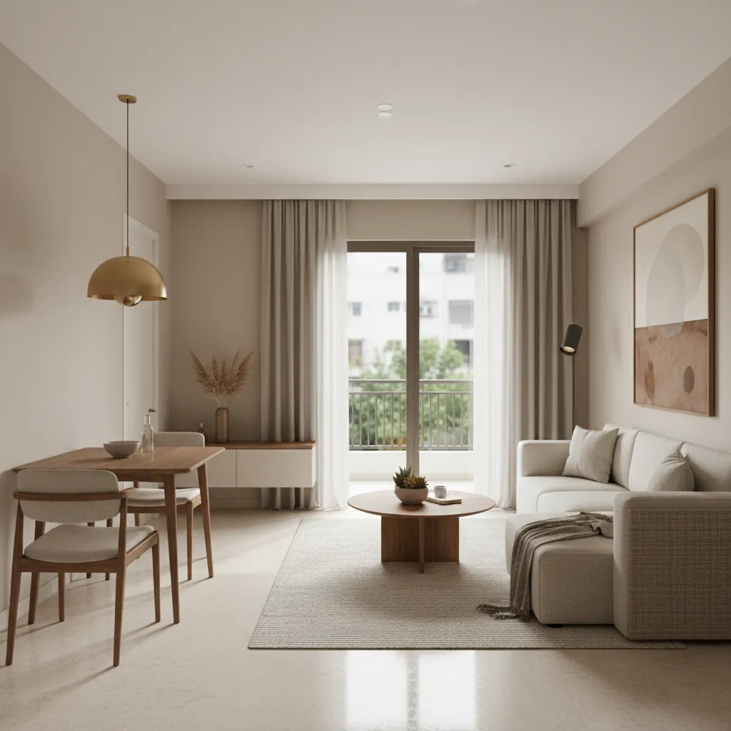 Open layout living and dining space in a small 1 BHK apartment