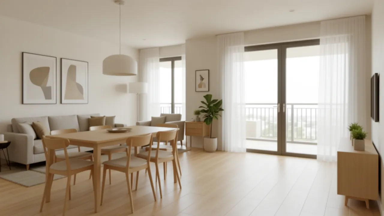 Open layout living and dining area in a compact apartment with balcony light