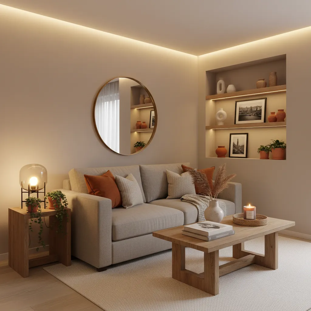 Apartamento pequeño con detalles naranja en decoración