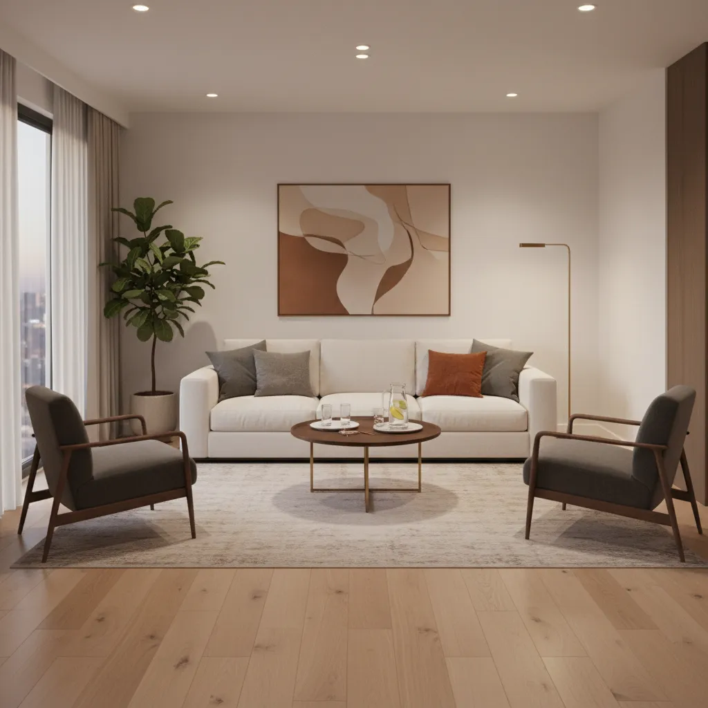 Small apartment living room arranged for a house party with open central space