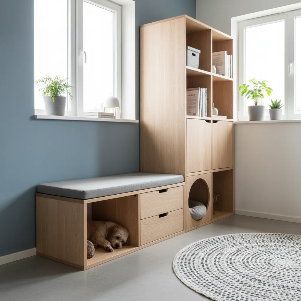 Dog sleeping under wooden bench next to bookshelf with a pet bed and blue wall