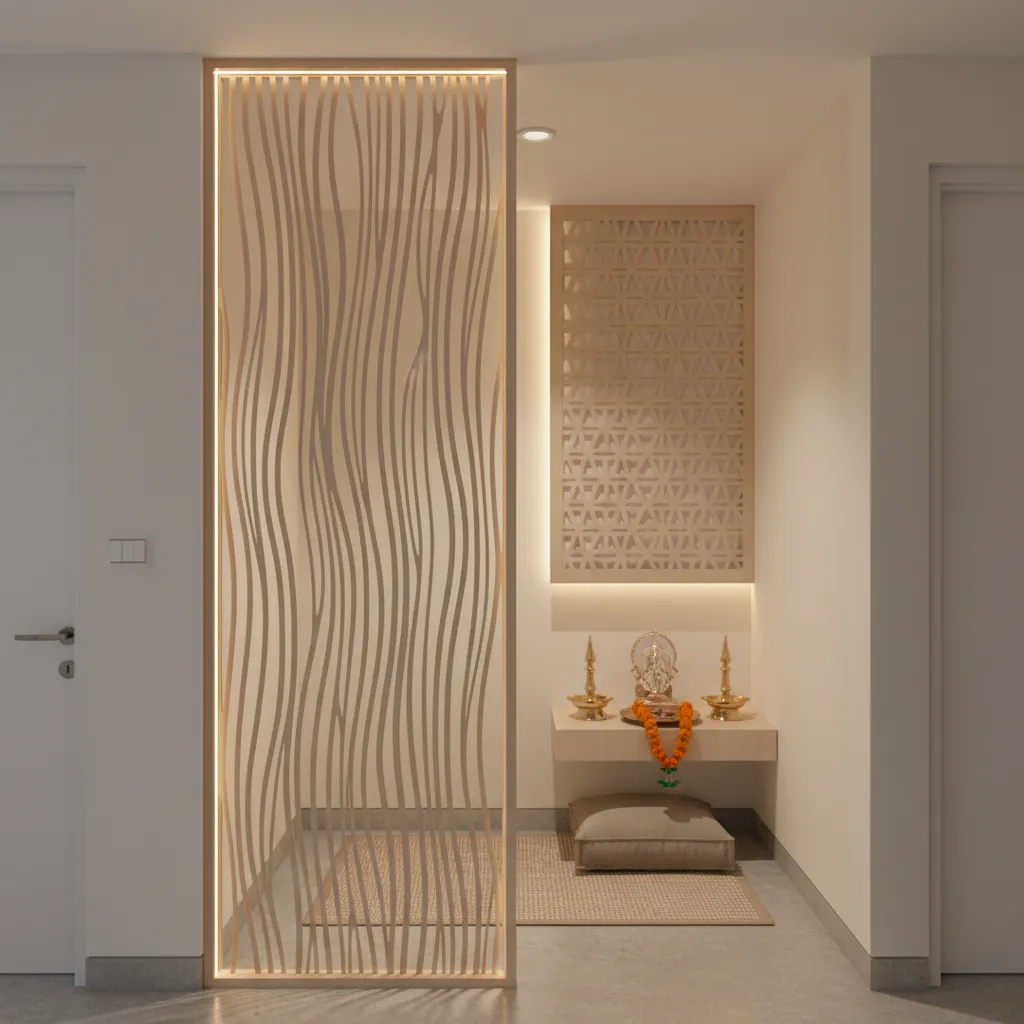 Small apartment pooja corner with decorative CNC screen divider