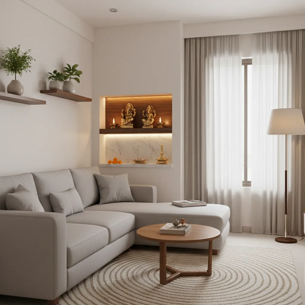 Compact pooja corner integrated into a modern apartment living room