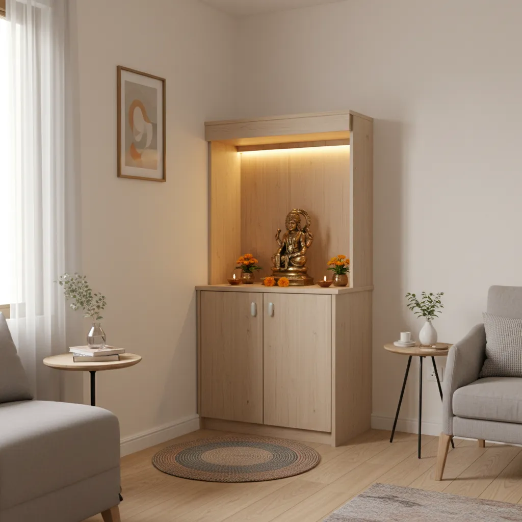 Small apartment corner transformed into a compact pooja cupboard space