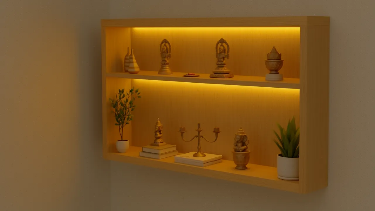 compact pooja corner with wall mounted mandir in small apartment