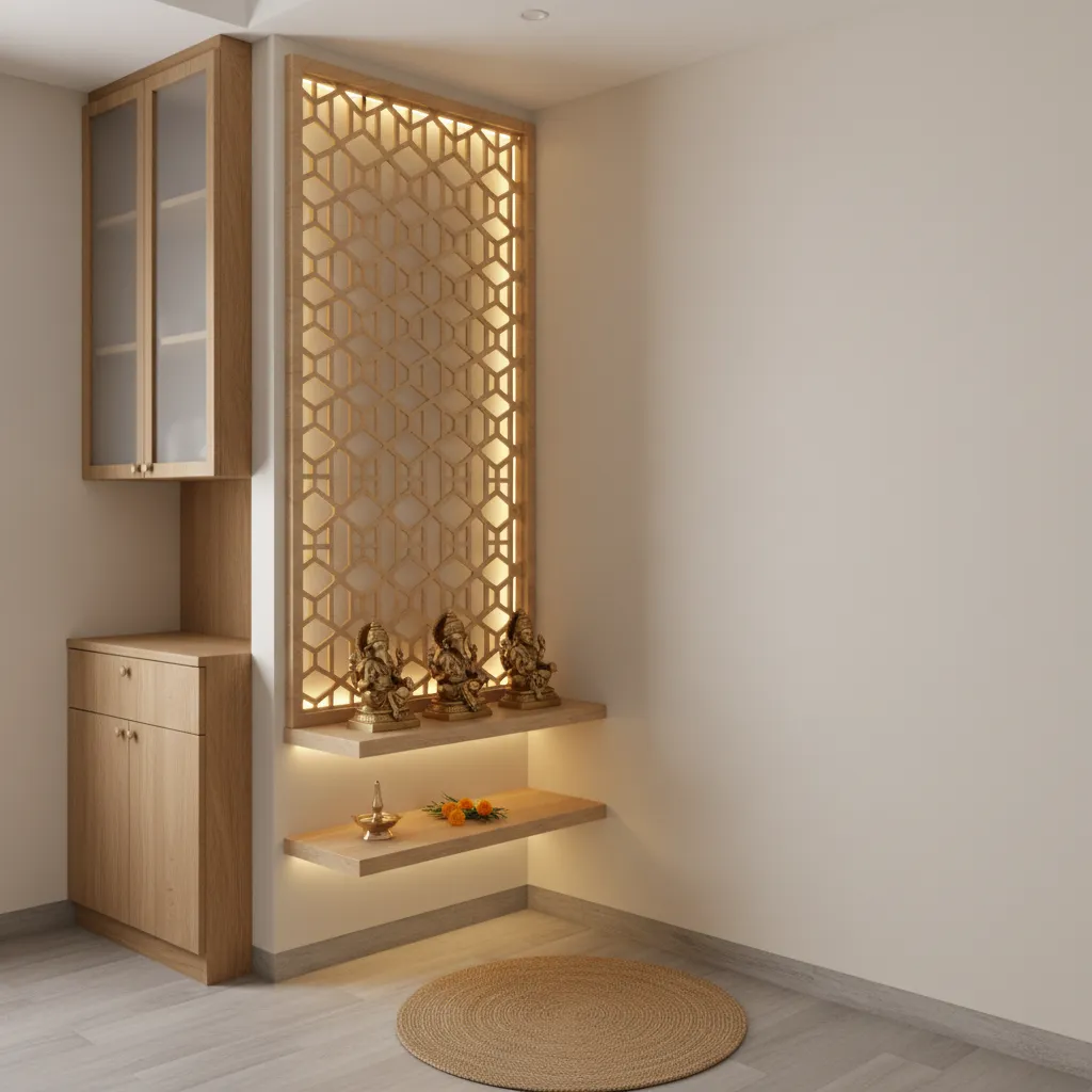 compact apartment pooja space with vertical jali partition