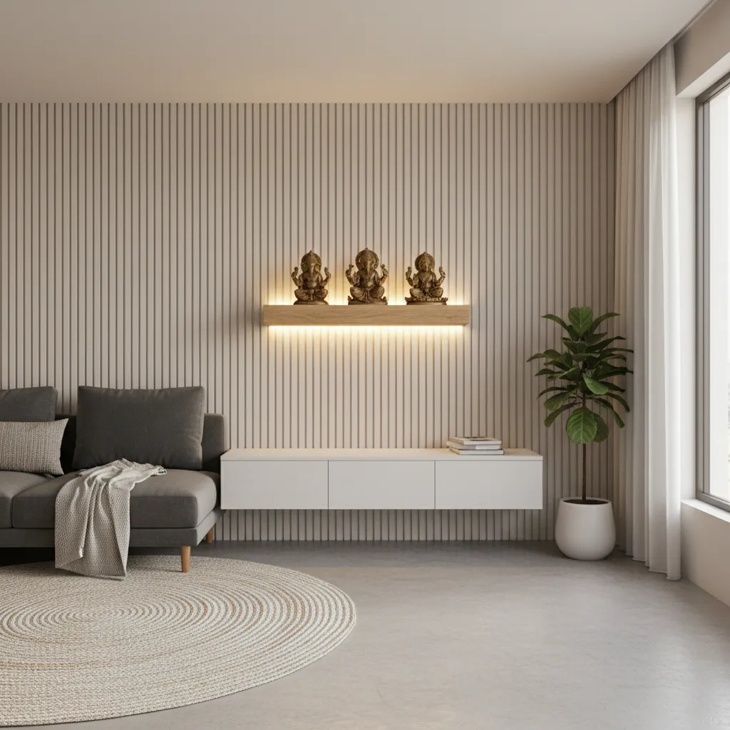 Small apartment living room with compact wall mounted pooja mandir and soft lighting
