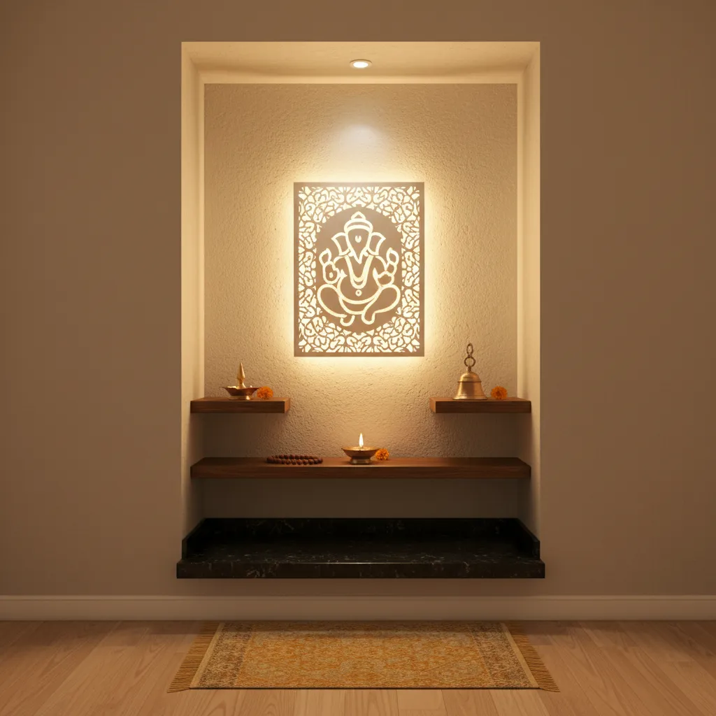 Compact wall niche pooja room with backlit deity panel