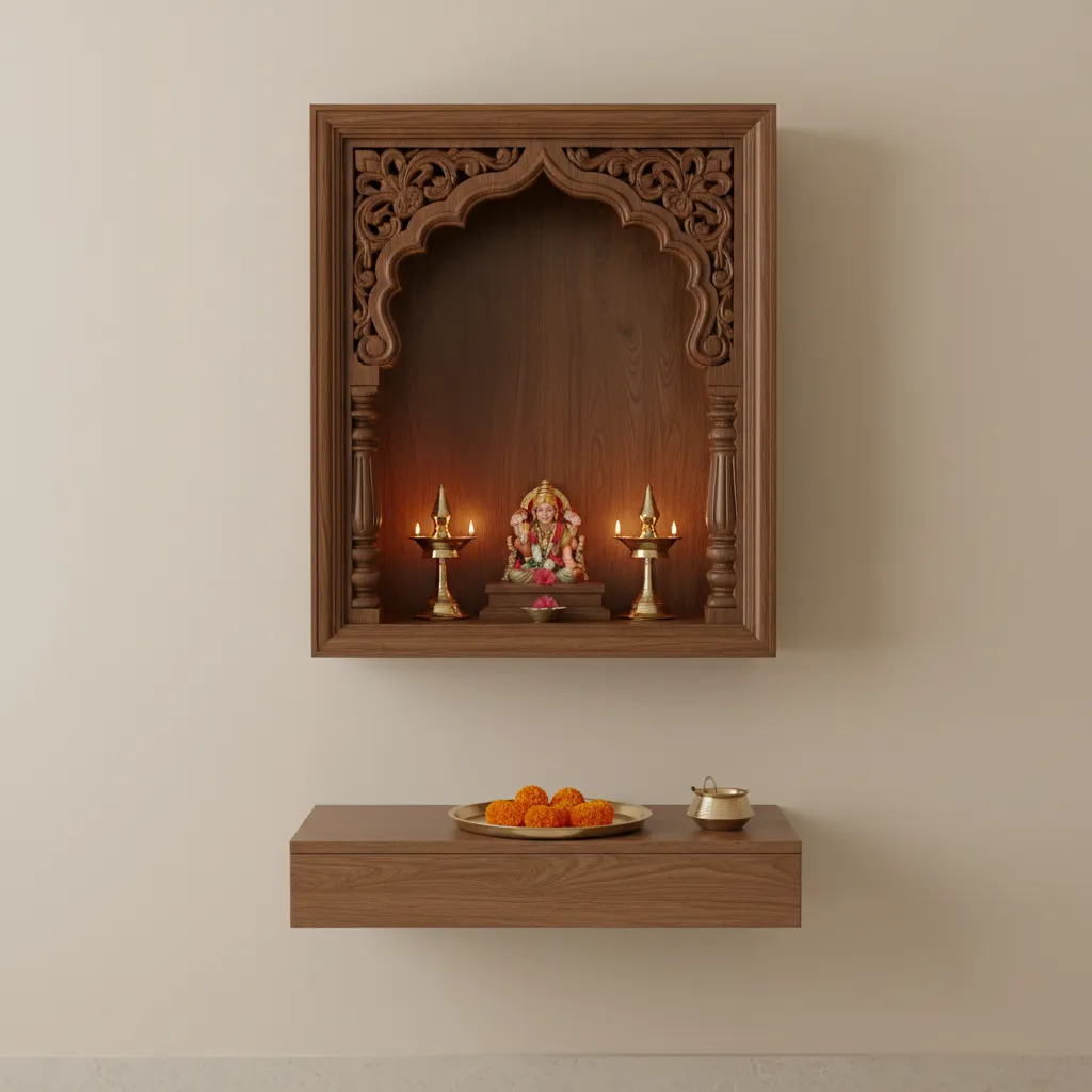 Compact wall mounted pooja mandir design for small apartment