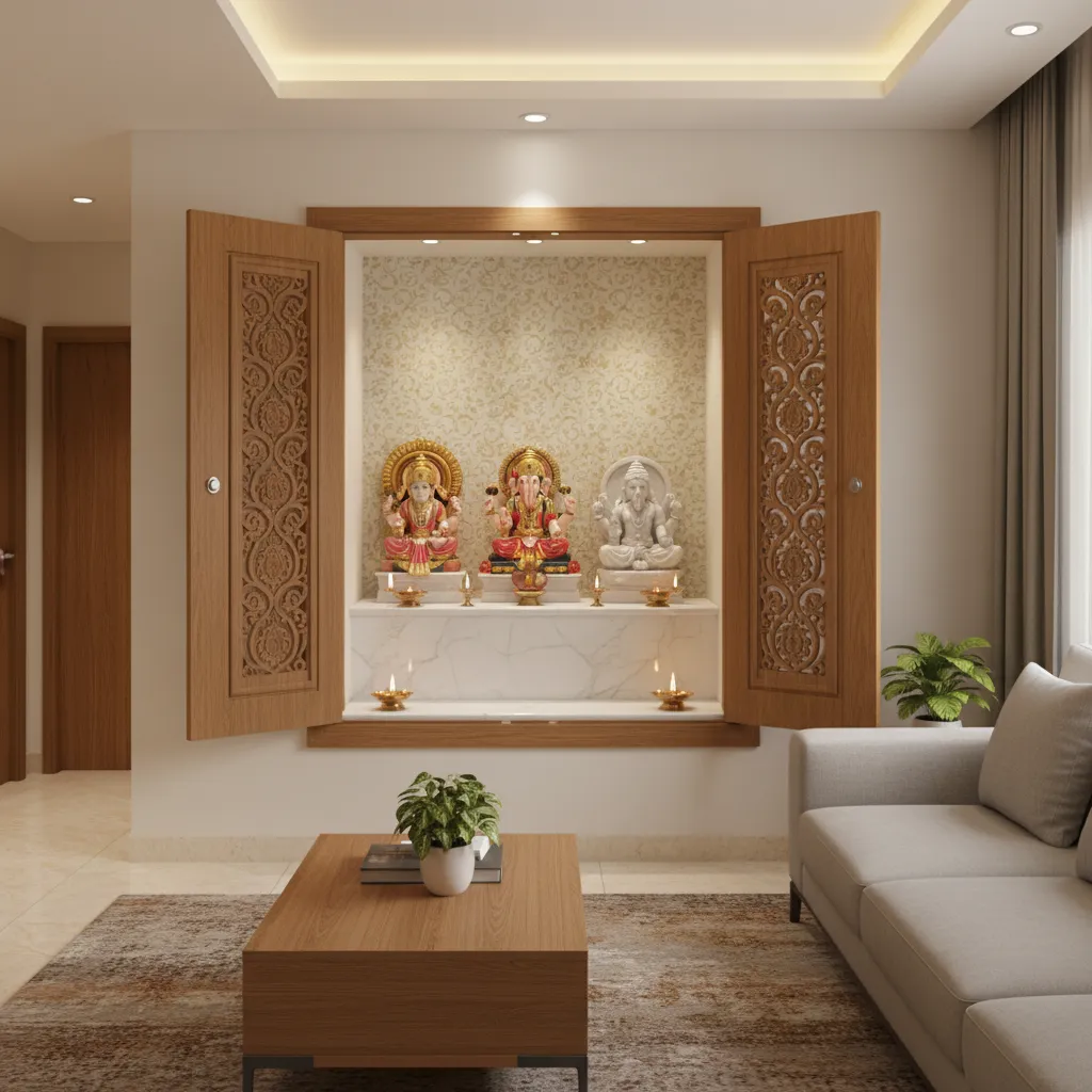 Small apartment pooja room niche with wooden temple door and warm lighting