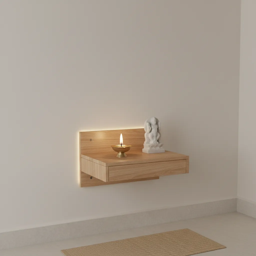 Wall mounted pooja shelf design for small apartment