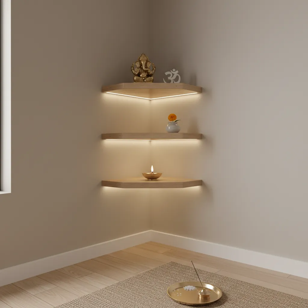 Compact apartment pooja unit with floating shelves and soft lighting