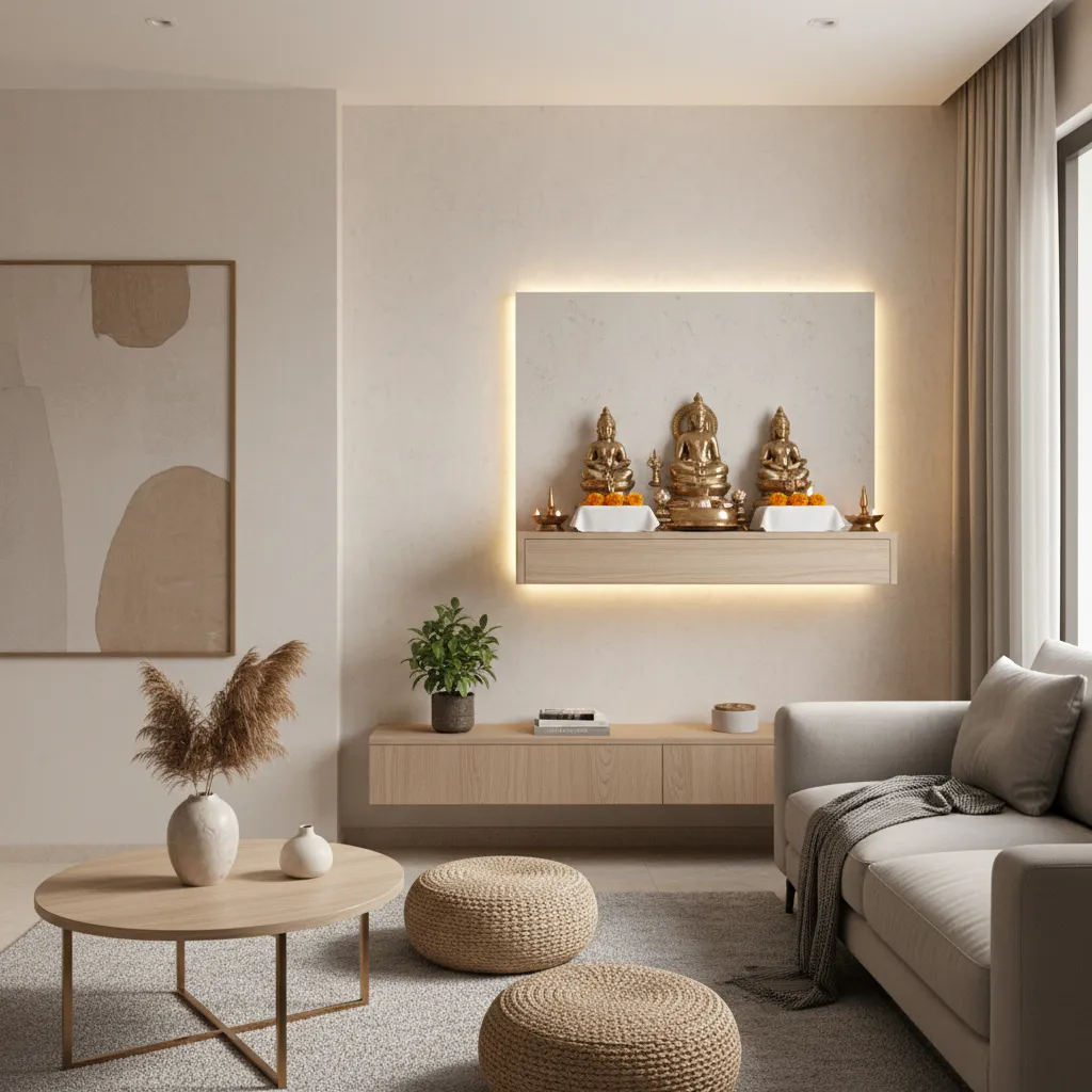compact wall mounted pooja unit in a modern apartment living room