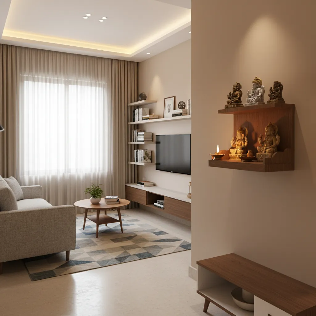wall mounted wooden pooja rack installed on living room wall in compact apartment