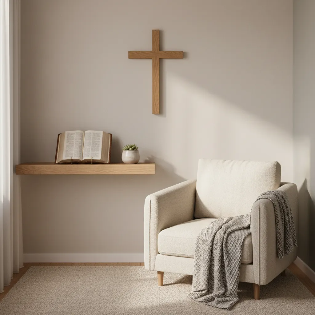compact apartment prayer corner with chair shelf and cross wall decor