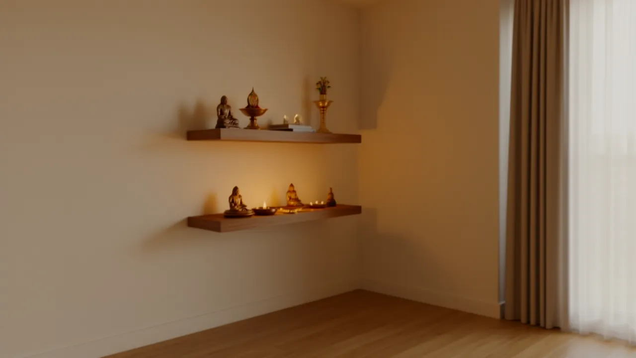 Compact living room corner with wall mounted puja shelf and soft lighting