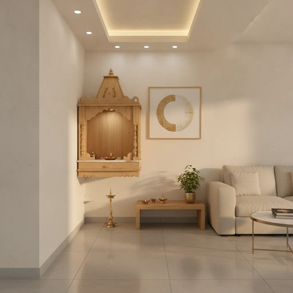 small apartment puja corner with layered ceiling lighting