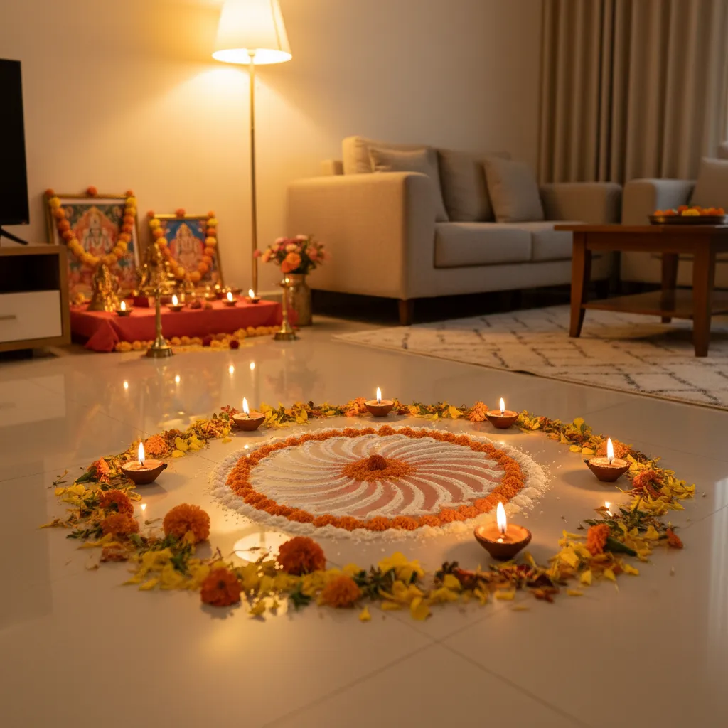 small rangoli design for apartment pooja space