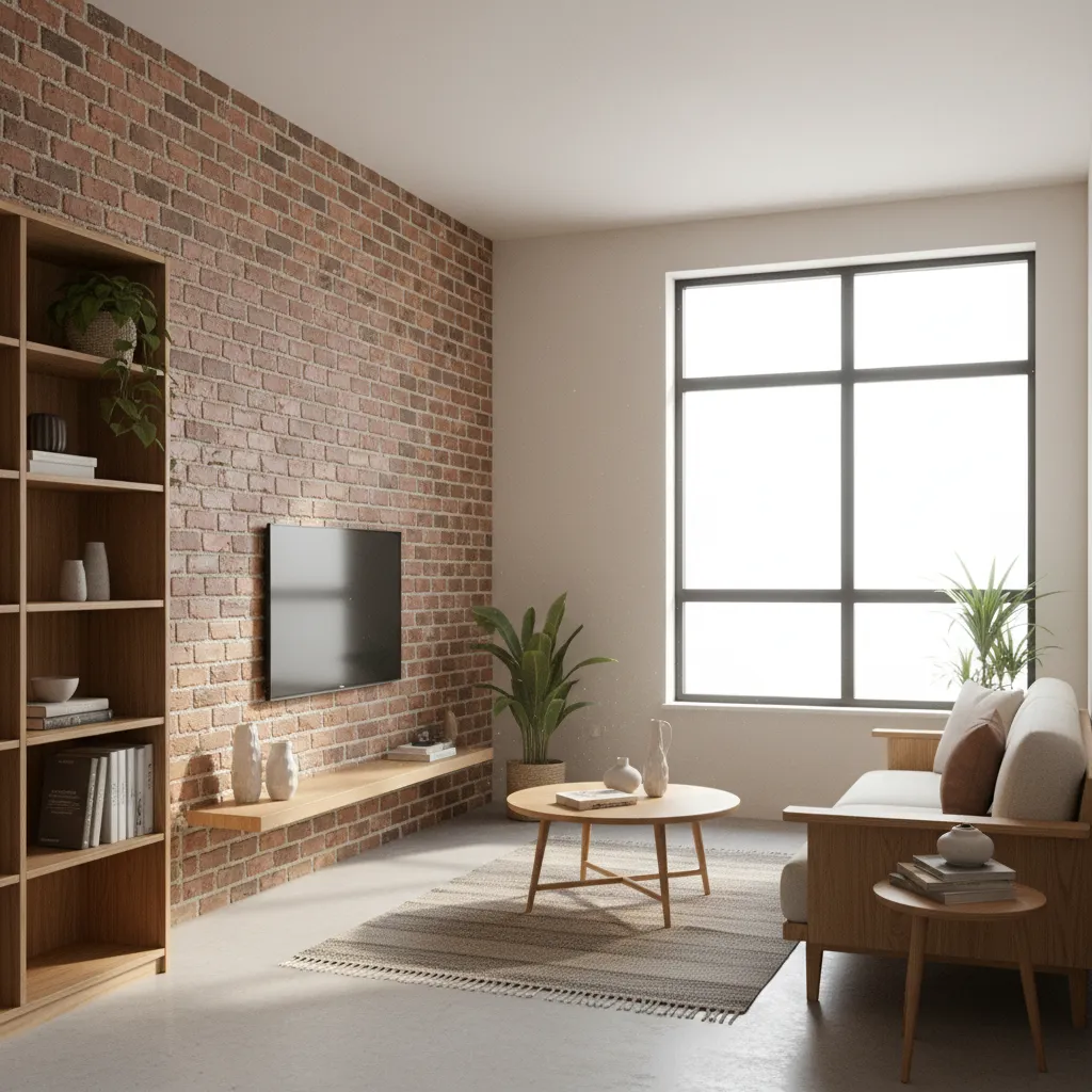 Pequeño apartamento con pared de ladrillo y muebles claros