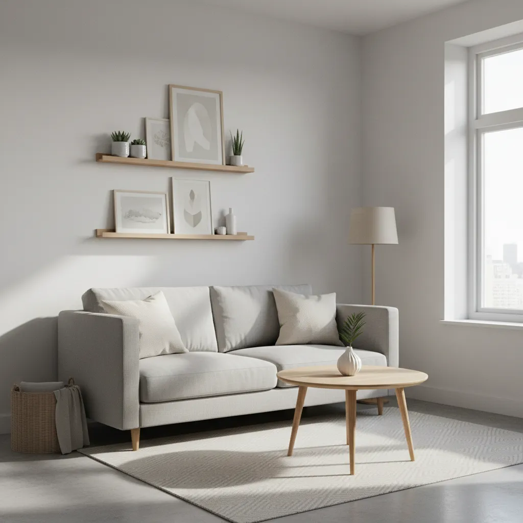 3D rendered visualization of a small apartment living room created in design software