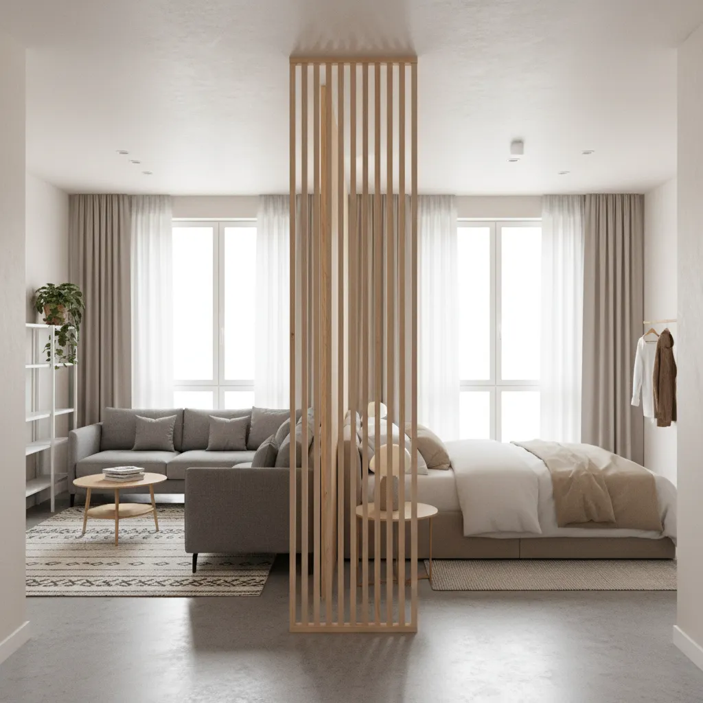 Small studio apartment layout divided into living and sleeping areas