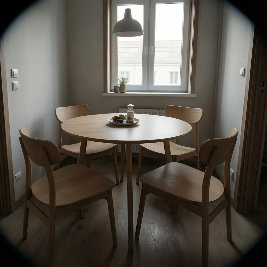 small apartment dining corner with a compact round dining table and four chairs