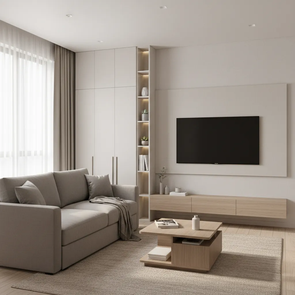 Compact apartment living room layout featuring a sleeper sofa