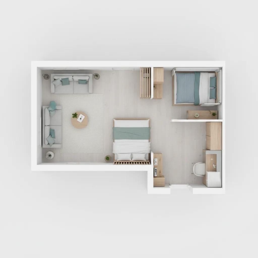 3D layout comparison of living room and bedroom sleeping zones