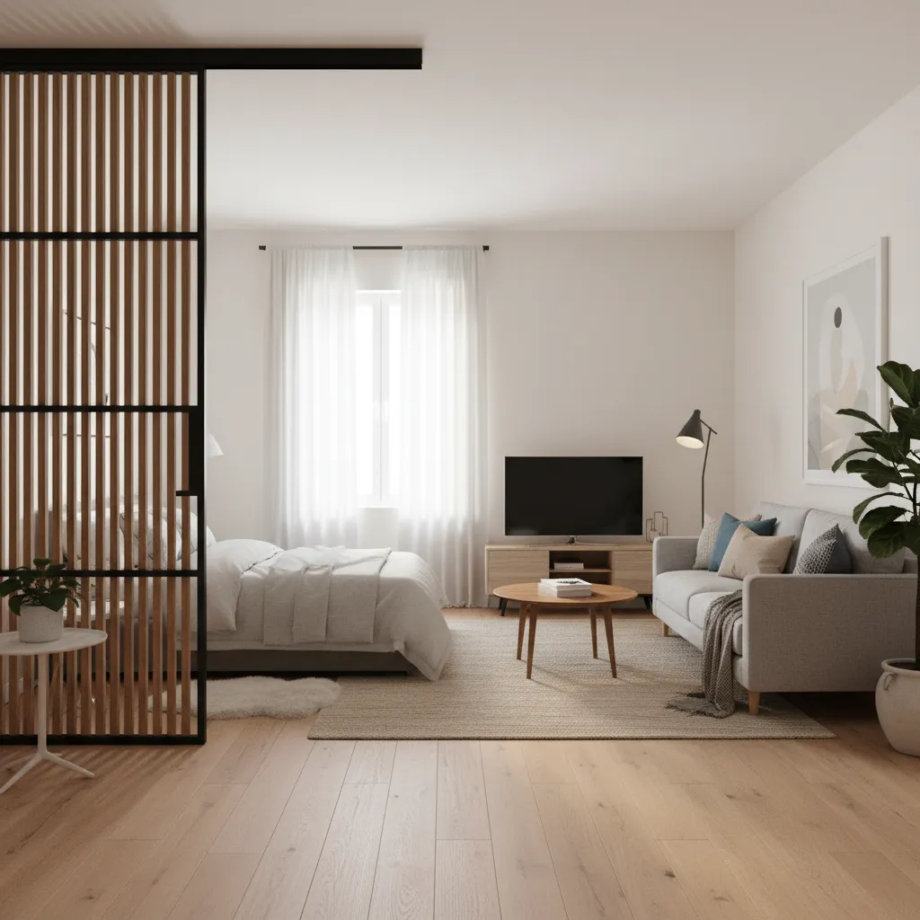 small apartment bedroom with sliding door partition