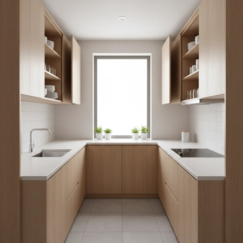 Compact apartment kitchen using sliding cabinet doors to save space