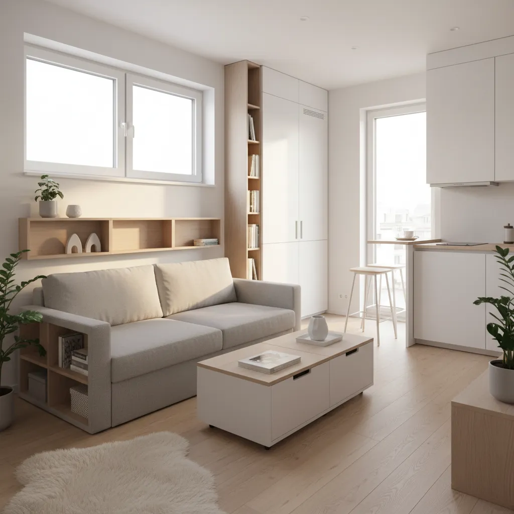 Modern small living room with beige sofa white kitchen cabinets wooden floor and natural sunlight