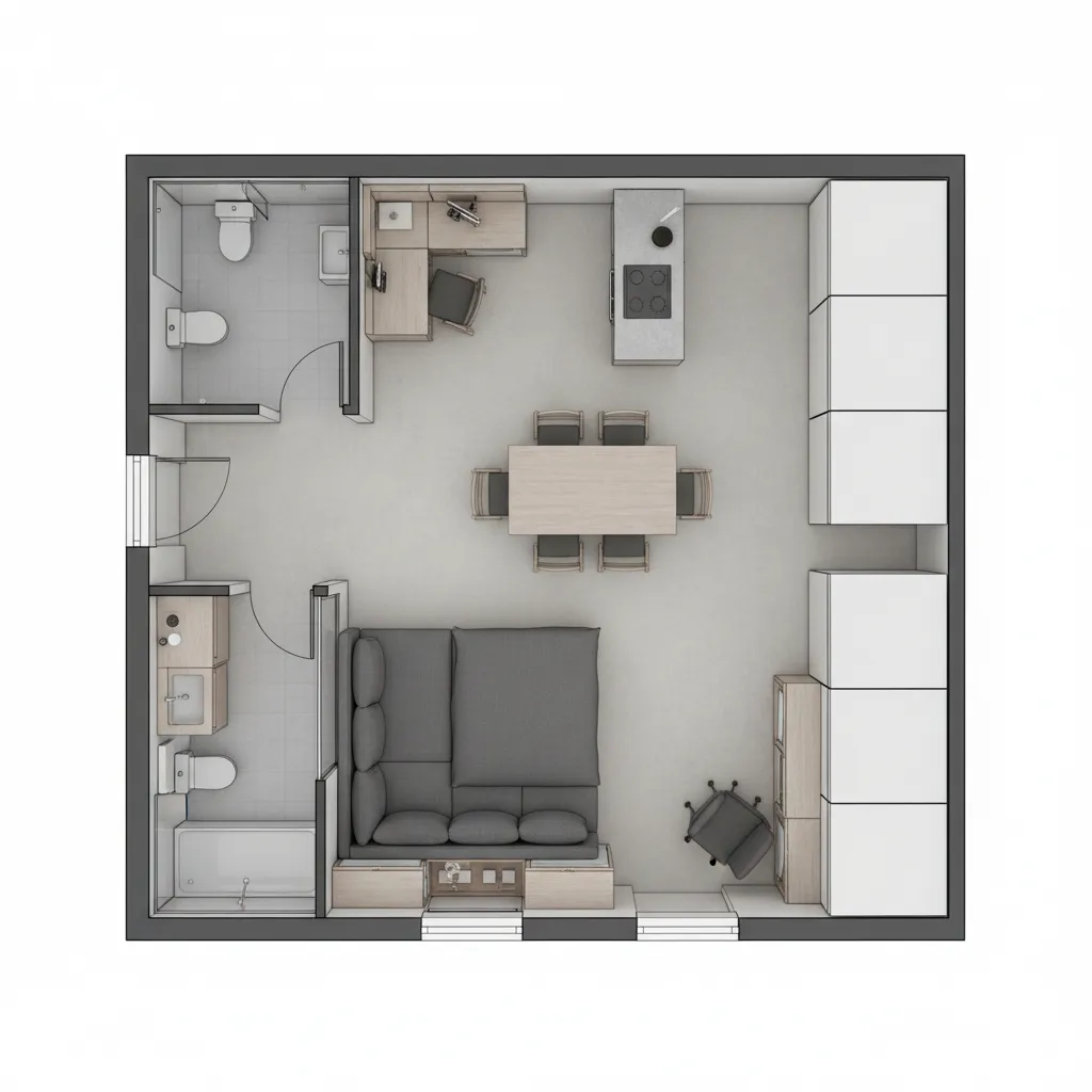 Smart small apartment floor plan showing multifunction furniture and open circulation
