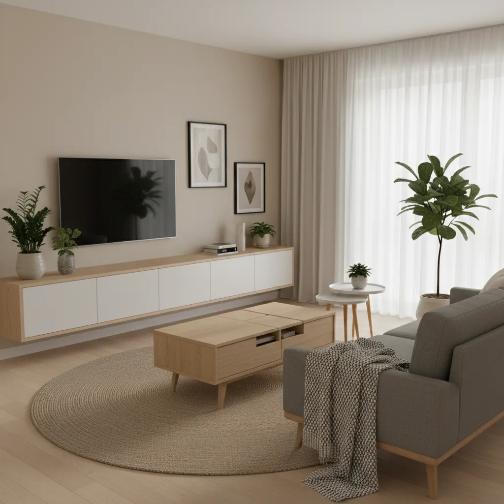 Small apartment interior with multifunctional furniture and efficient layout