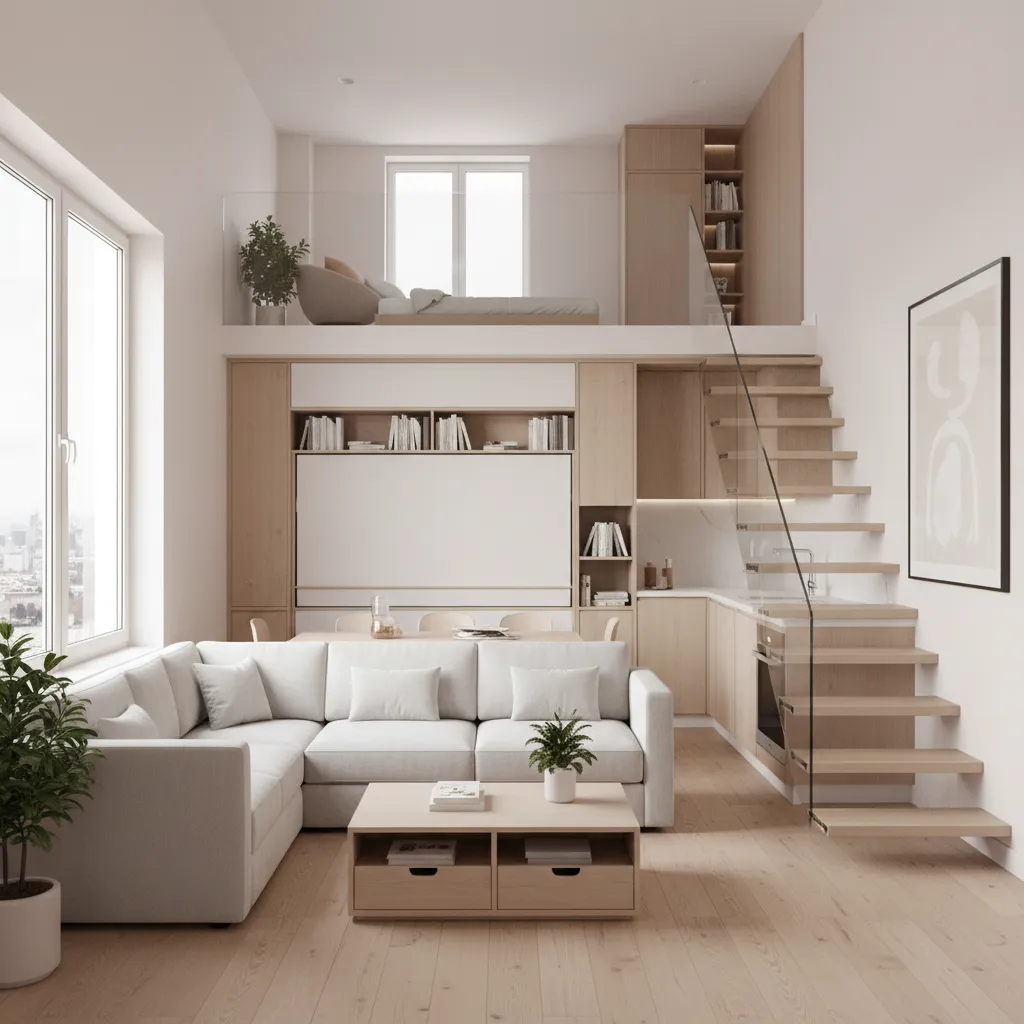 Small apartment layout with white sofa wooden stairs glass railing and a cozy loft bed