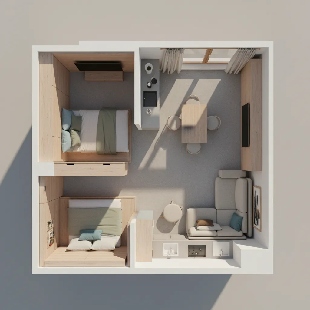 Small apartment optimized floor plan with multifunctional furniture